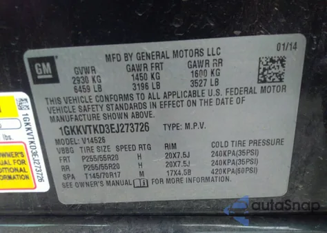 2014 GMC Acadia Denali из США, поврежденный, VIN 1GKKVTKD3EJ273726